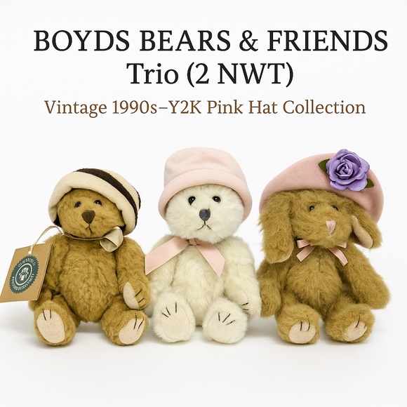 VINTAGE BOYDS BEARS & FRIENDS Pink-Hat Jointed Plush Trio (2 NWT) 1990s–Y2K Gift - Picture 1 of 15